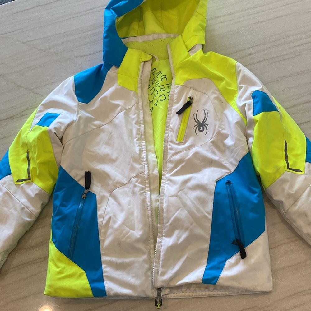 SPIDER SKI JACKET Unisex Boys /Girls Hood Size 8 Blue White Lime Green Snow